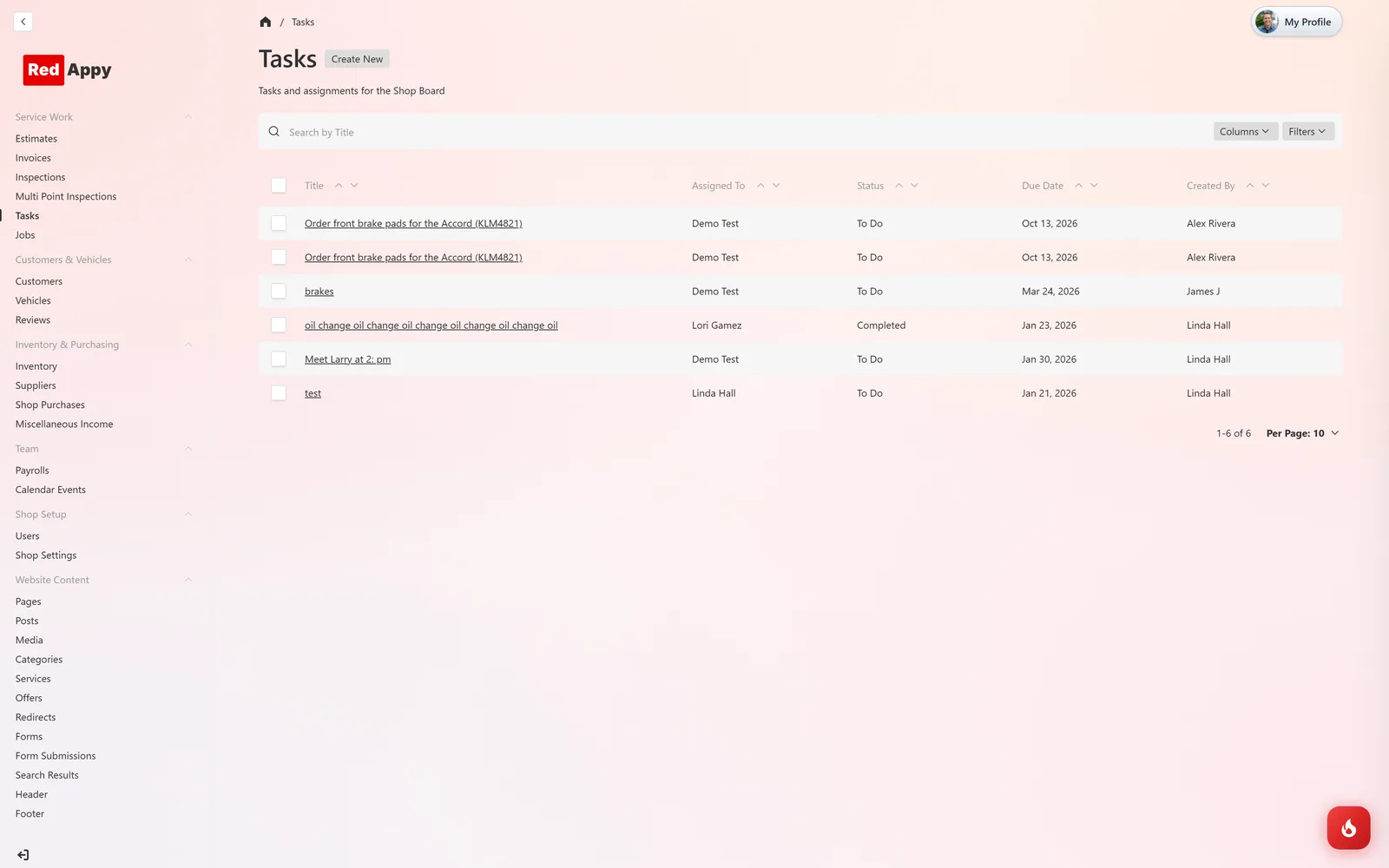 The Tasks list in the admin with Title, Assigned To, Status, Due Date, and Created By columns