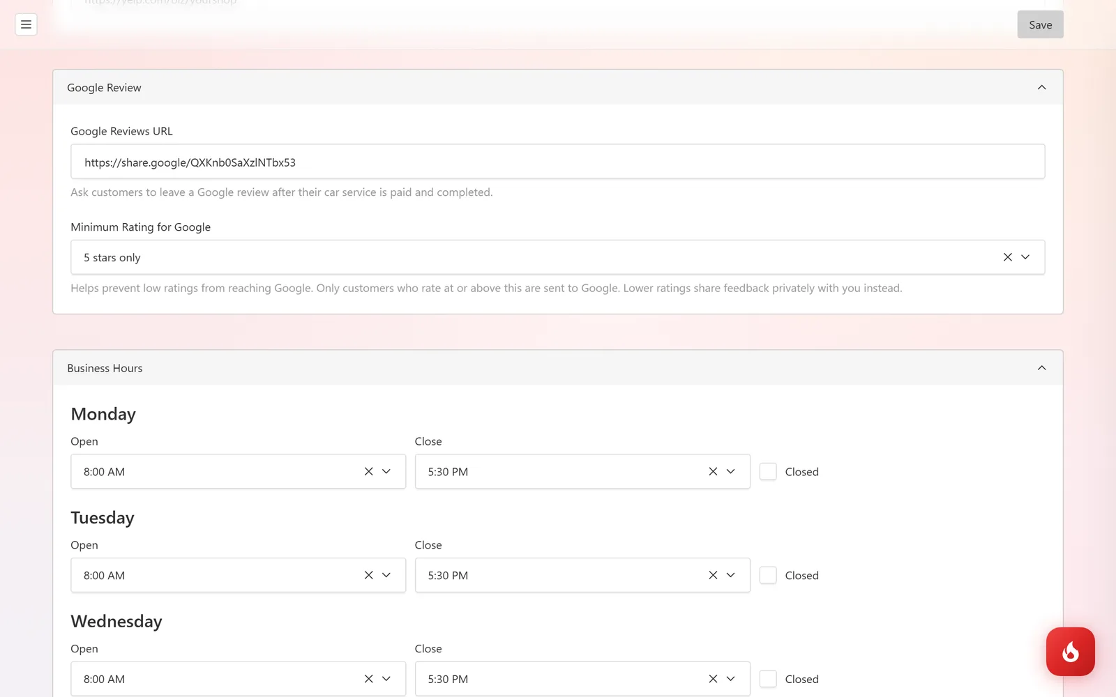 The Google Review section of Shop Settings with a Google Reviews URL field and Minimum Rating for Google set to 5 stars only