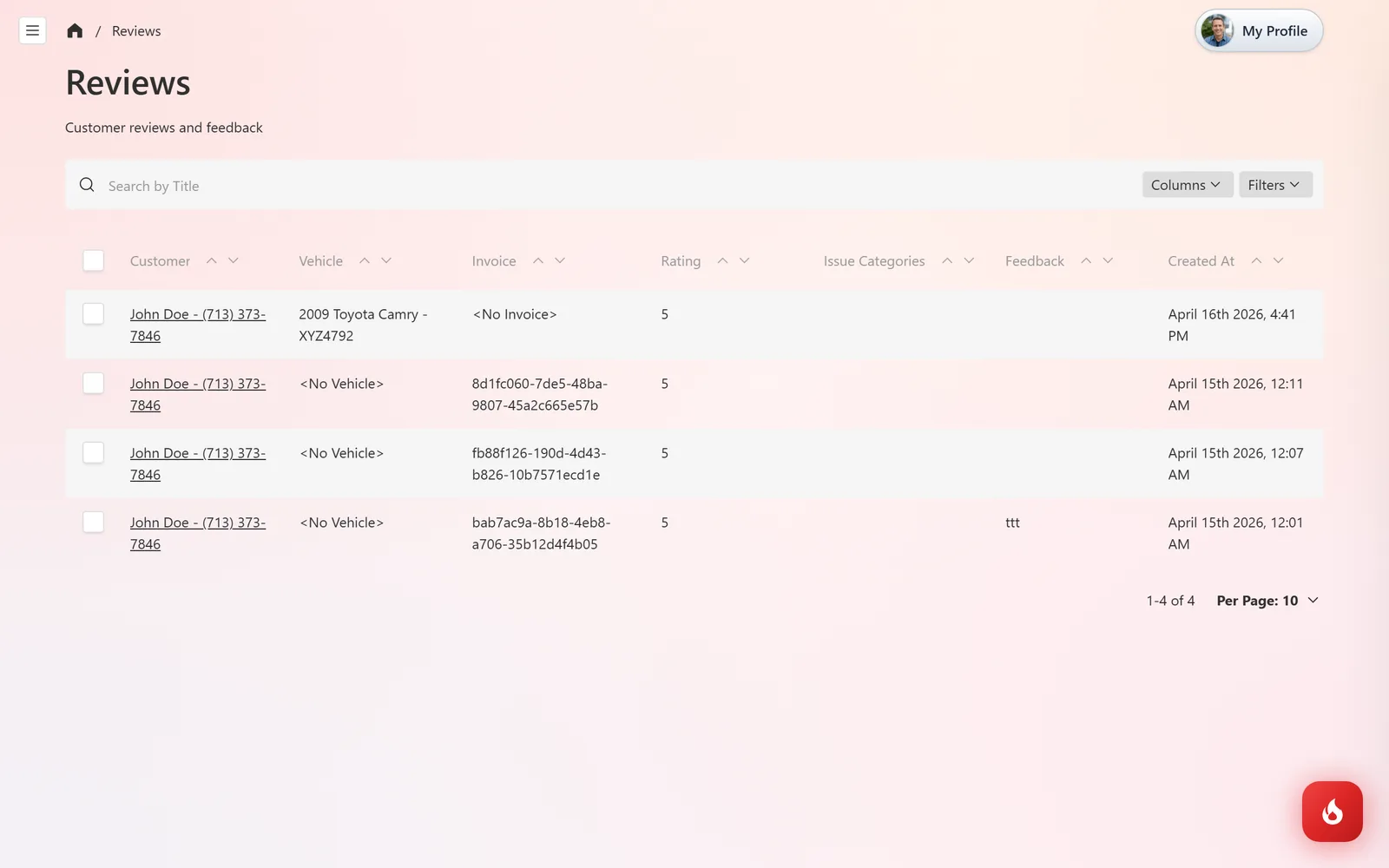 The Reviews list in the admin with Customer, Vehicle, Invoice, Rating, Issue Categories, Feedback, and Created At columns
