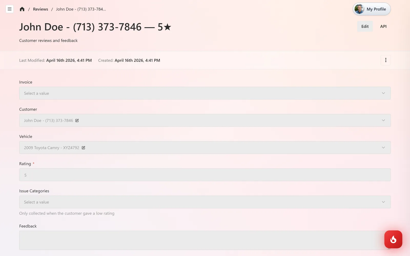 A review record showing the customer, vehicle, a 5-star rating, and the Issue Categories and Feedback fields that are only filled for low ratings