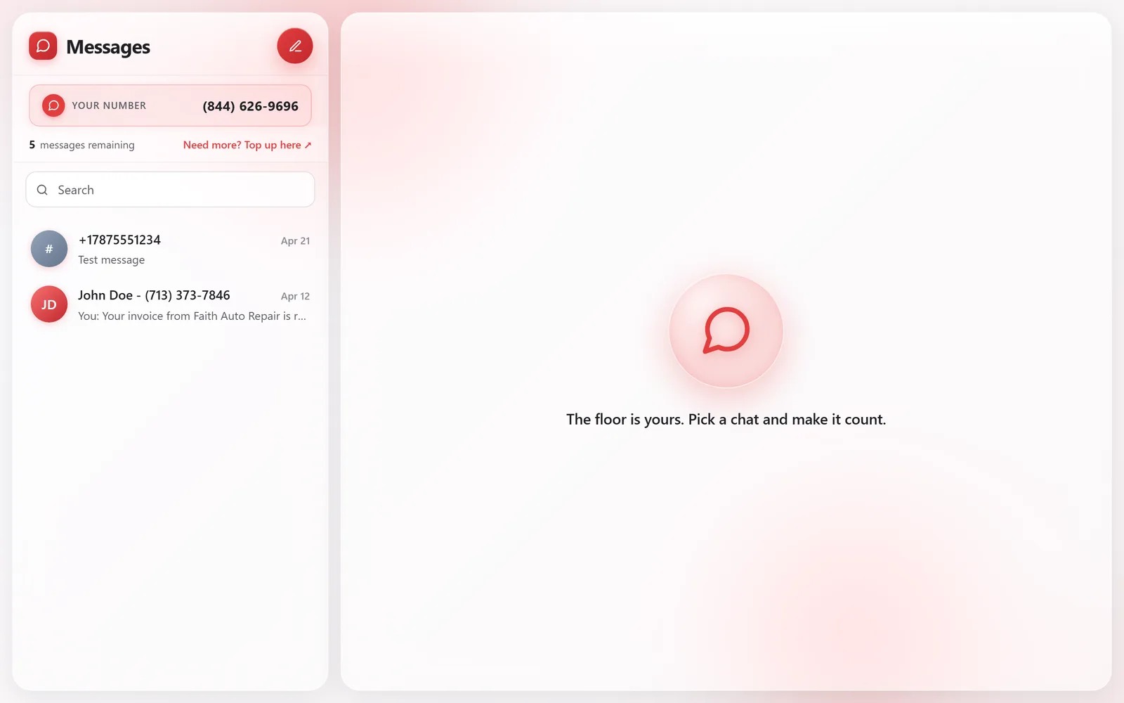 The Messages page header showing Your Number, 5 messages remaining, and a Need more? Top up here link