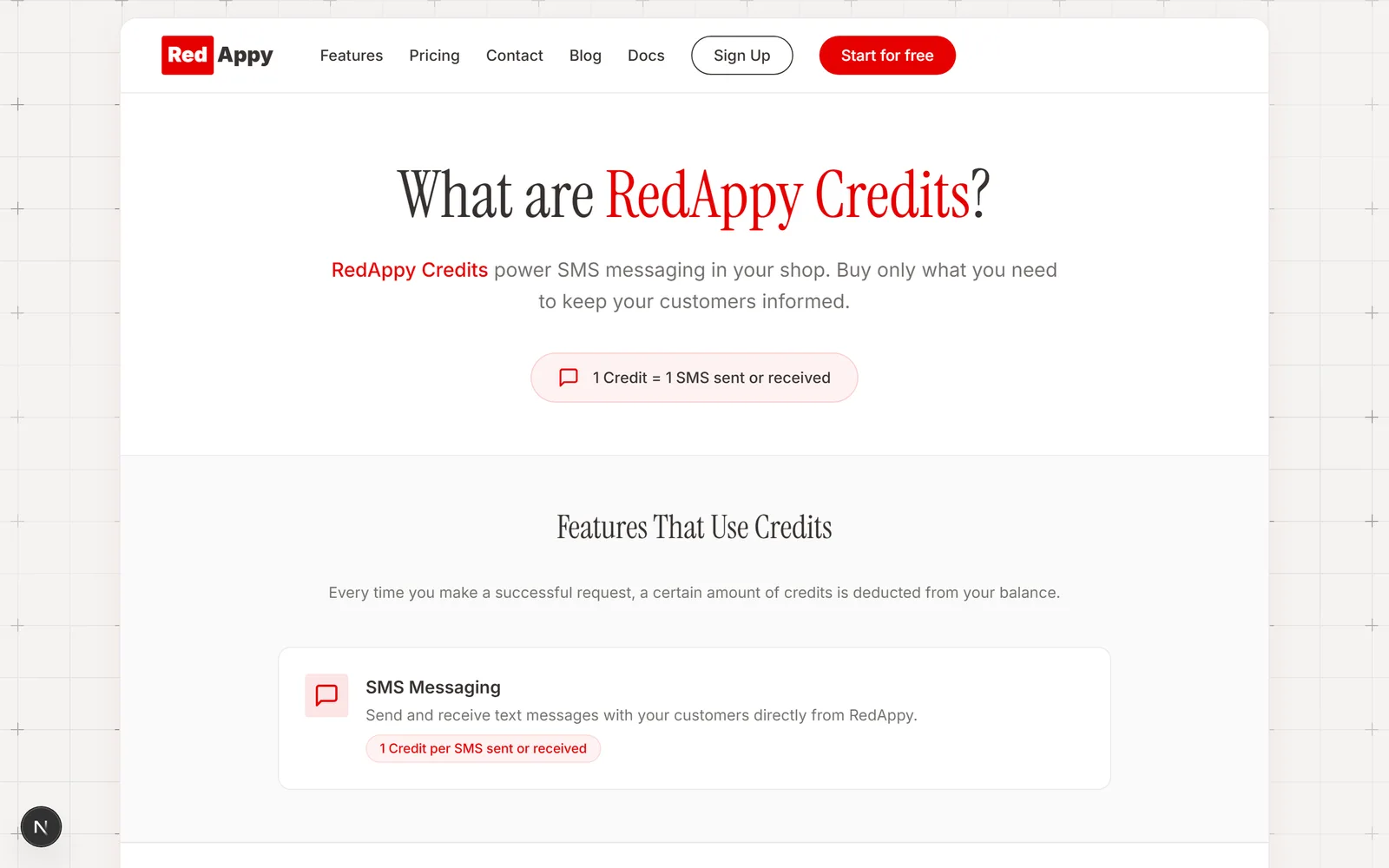 The RedAppy Credits page explaining that one credit is one SMS sent or received, with credit packages to buy
