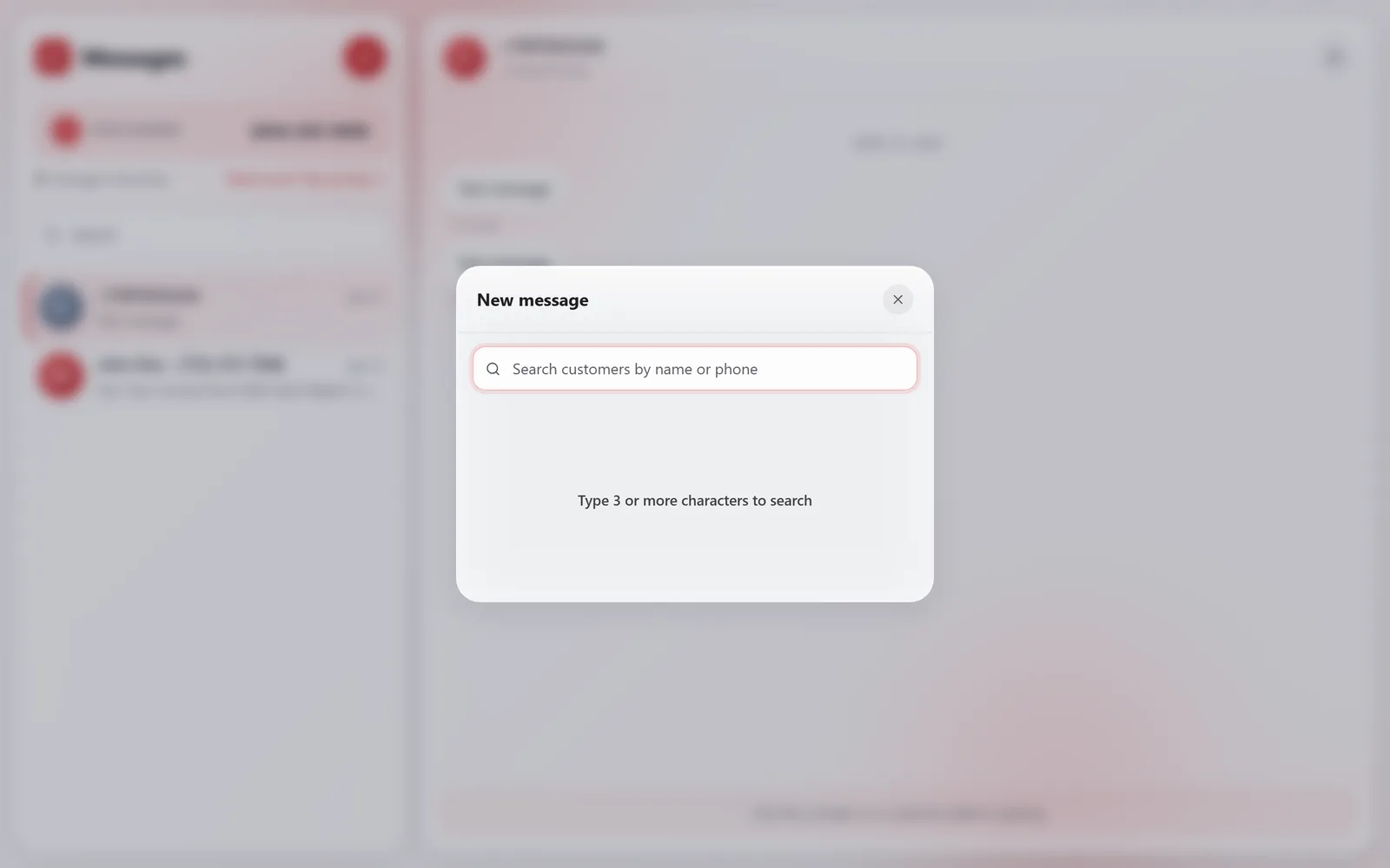 La ventana New message con el cuadro Search customers by name or phone