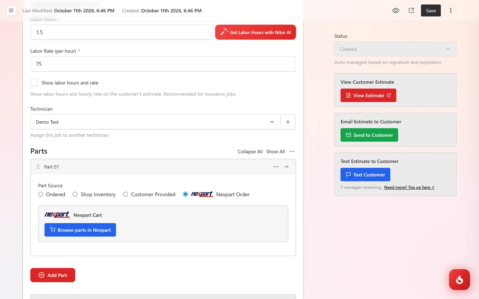 A part on an estimate with Part Source set to Nexpart Order, showing a Nexpart Cart area and a Browse parts in Nexpart button