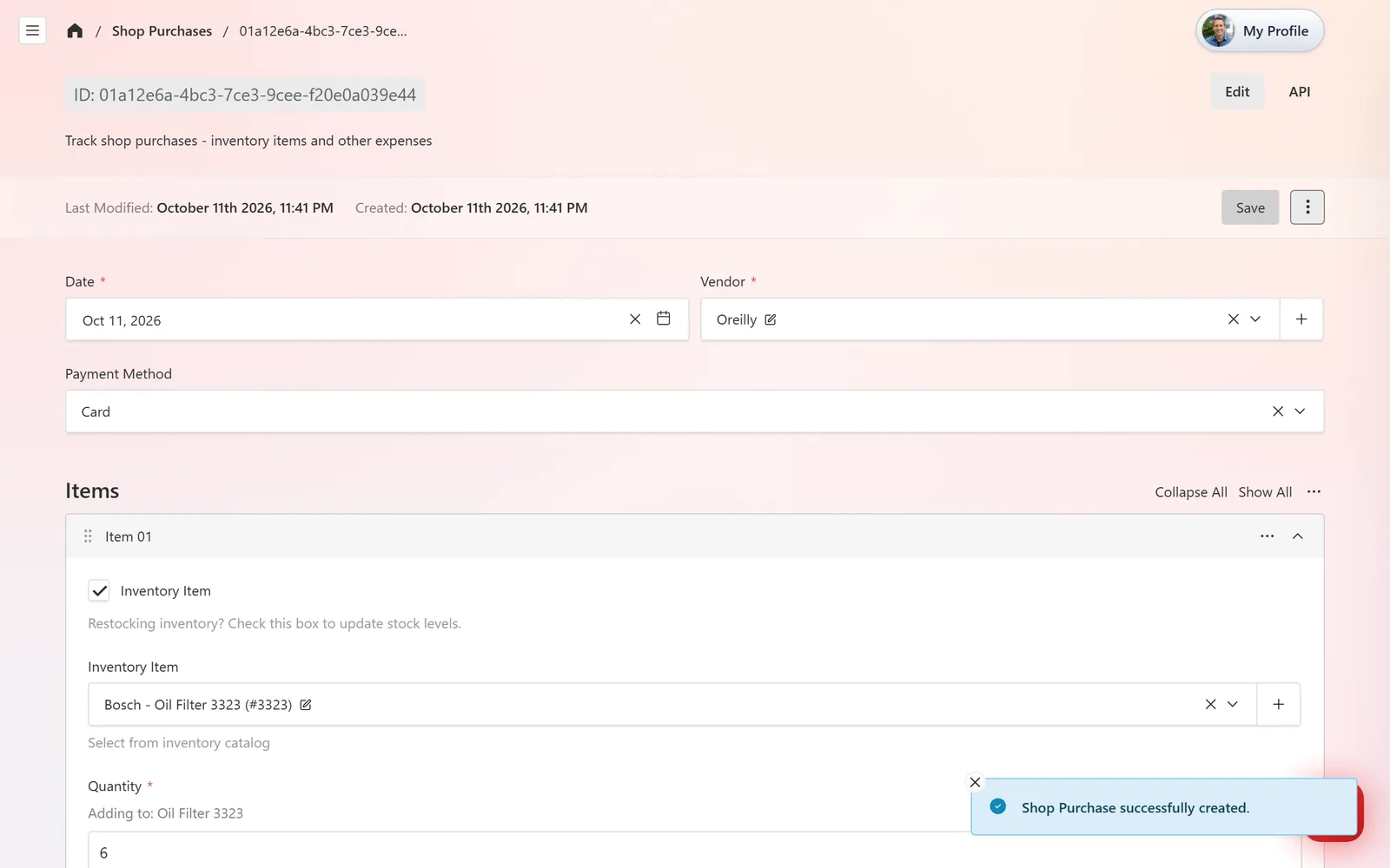 The saved purchase with its Total calculated from the items and a Receipts & Images upload box