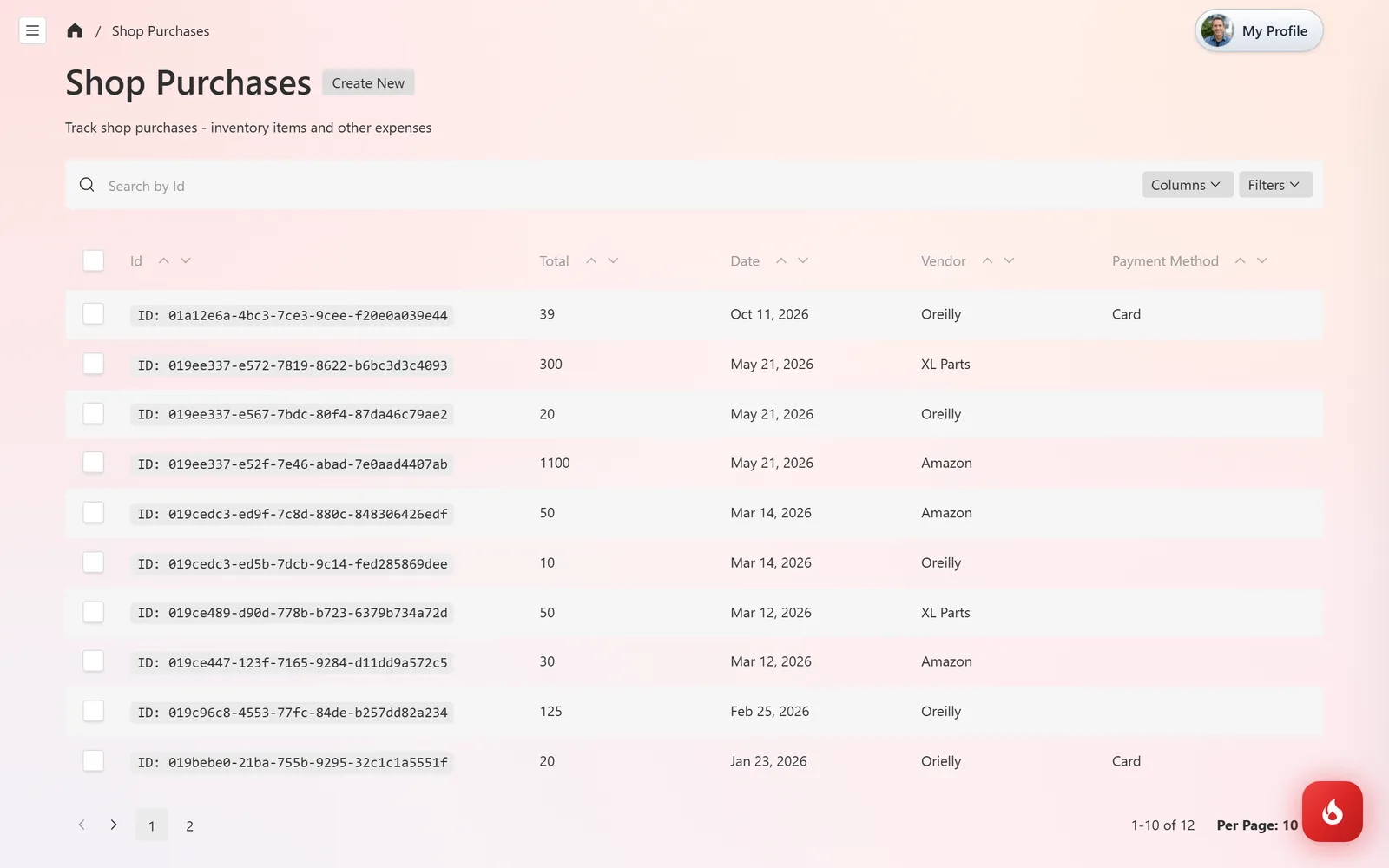 The Shop Purchases list with Total, Date, Vendor, and Payment Method columns
