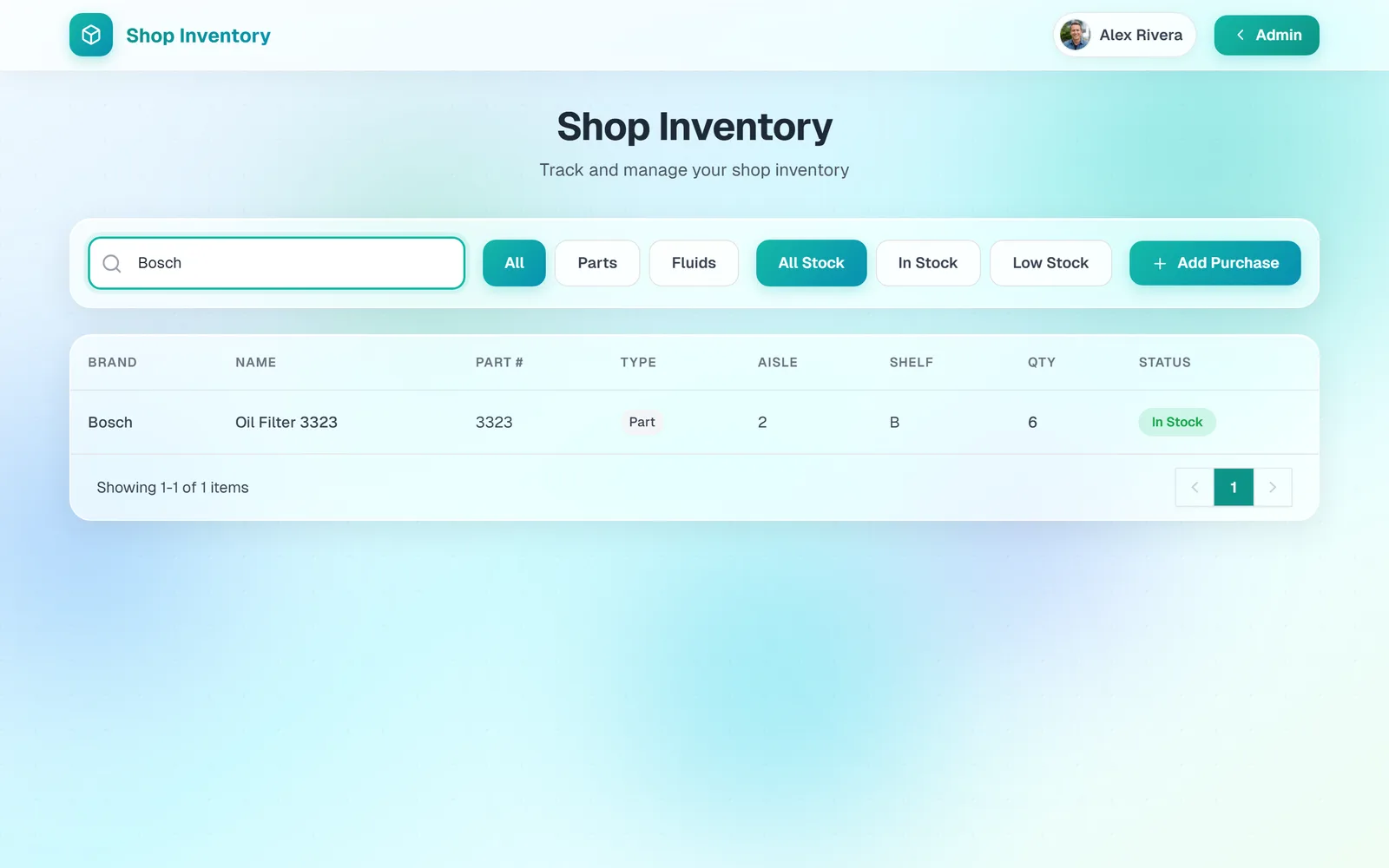 The Shop Inventory page searched for Bosch, showing the oil filter with its quantity updated to 6 and status In Stock