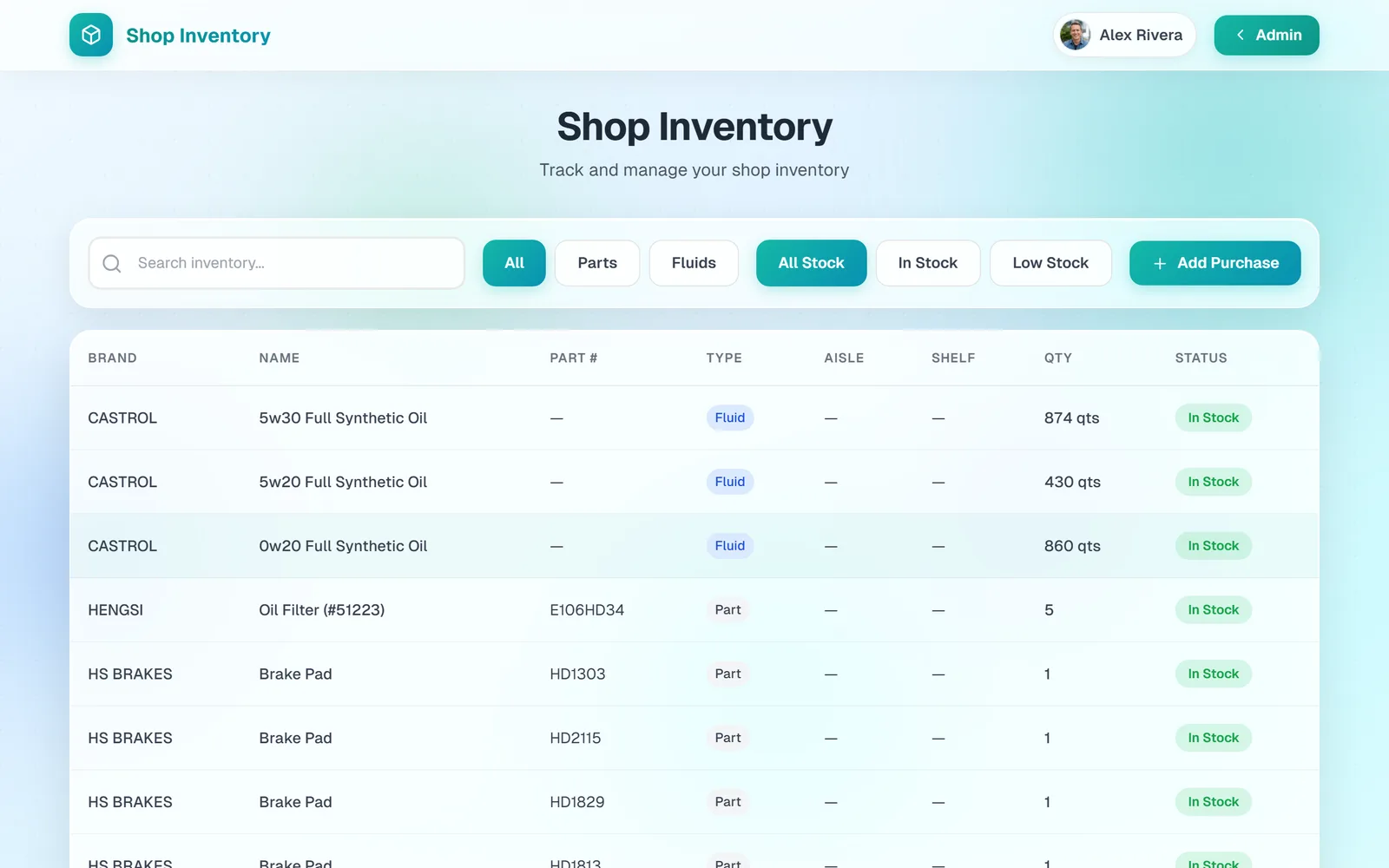 The Shop Inventory page with a search box, All, Parts, and Fluids filters, All Stock, In Stock, and Low Stock filters, an Add Purchase button, and a table of brand, name, part number, type, aisle, shelf, quantity, and status
