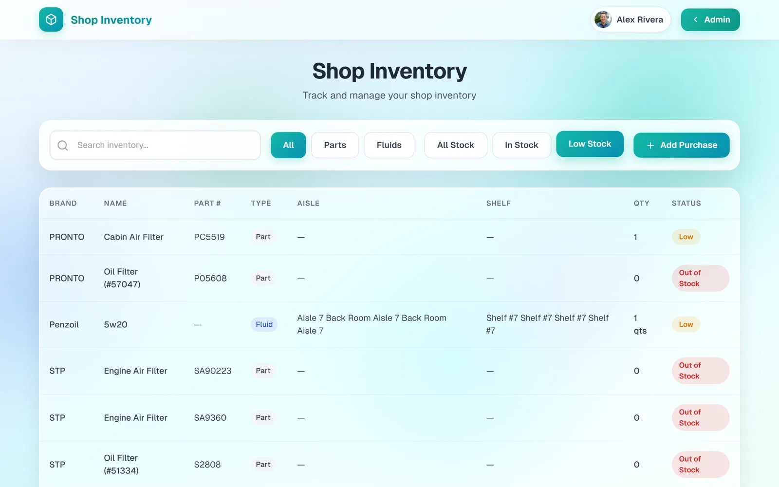 The inventory filtered to Low Stock, showing items marked Low or Out of Stock