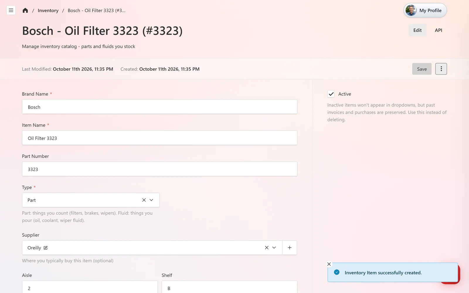 The saved inventory item titled Bosch - Oil Filter 3323 with its In Stock count and the Active checkbox