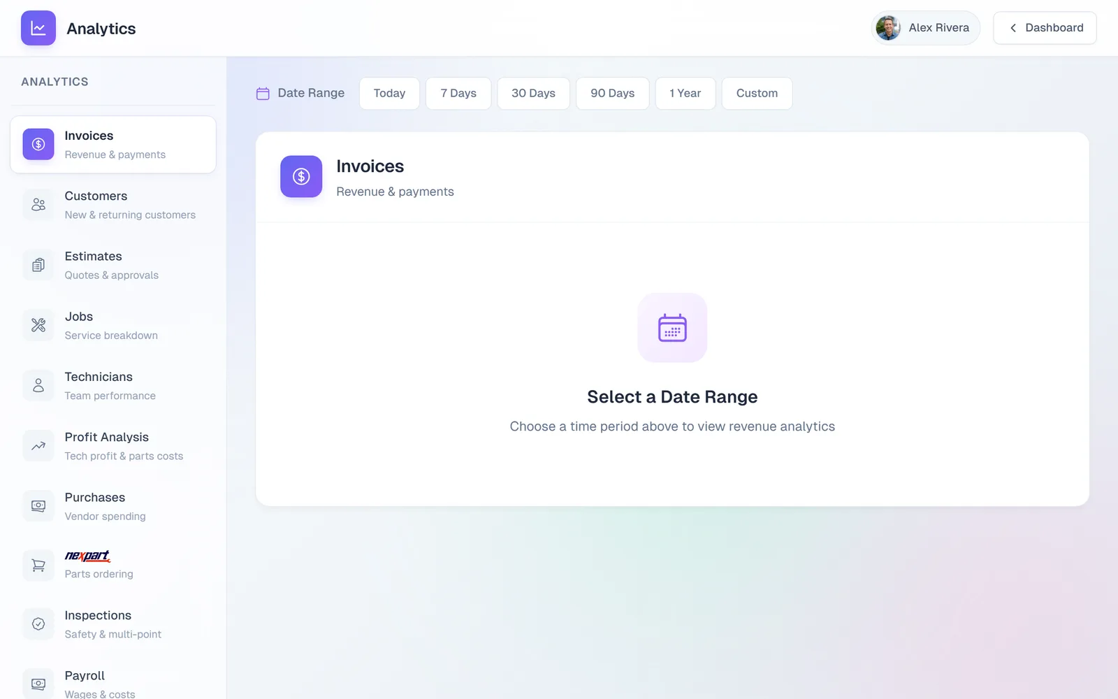 The Analytics page with a left menu of reports: Invoices, Customers, Estimates, Jobs, Technicians, Profit Analysis, Purchases, Nexpart Parts Ordering, Inspections, Payroll, and Misc Income, and a Date Range picker