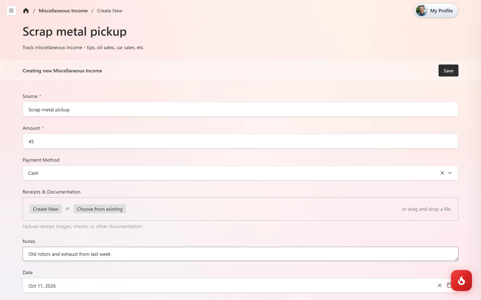 A new Miscellaneous Income entry with Source Scrap metal pickup, Amount 45, Payment Method Cash, a Receipts & Documentation upload box, Notes, and Date