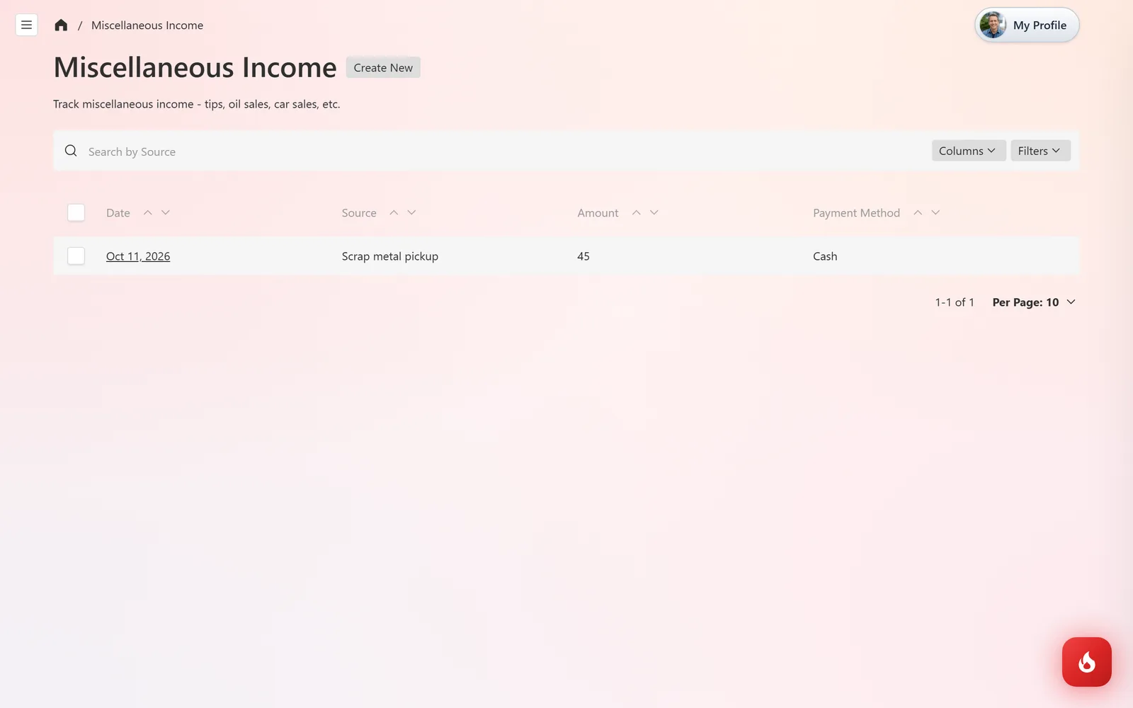 The Miscellaneous Income list with the saved entry