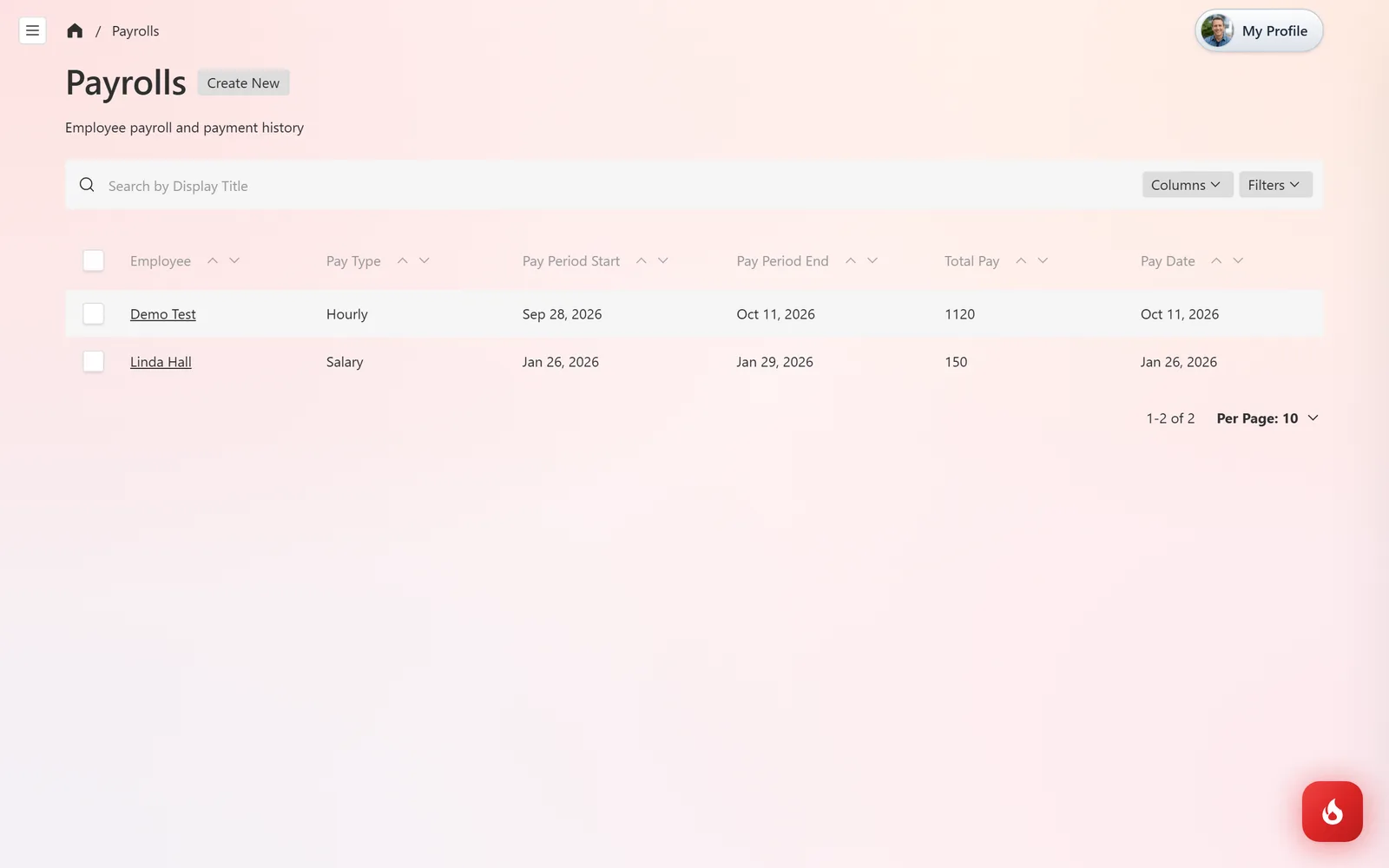 The Payrolls list with Employee, Pay Type, Pay Period Start, Pay Period End, Total Pay, and Pay Date columns