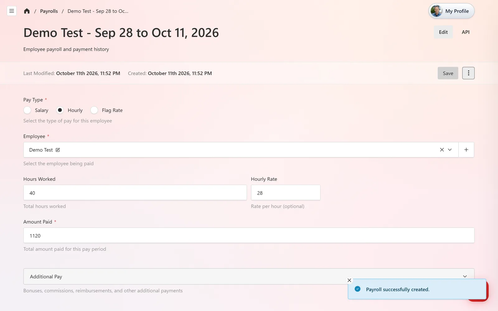 The saved payroll entry titled with the employee name and pay period