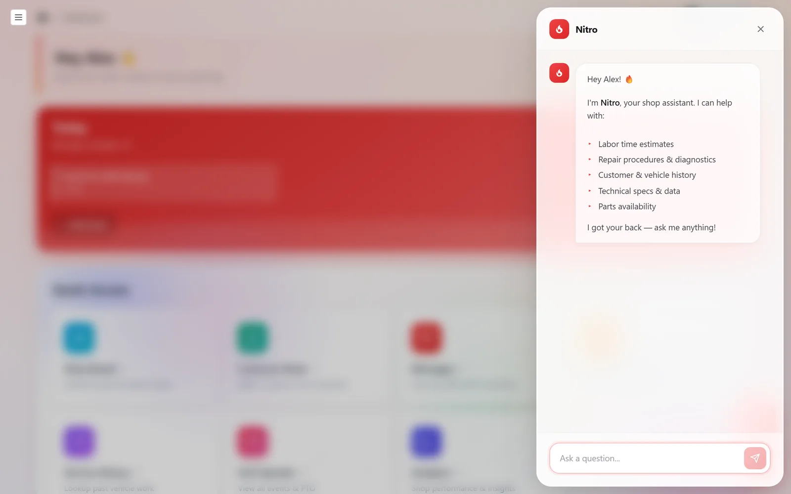 The Nitro assistant panel open over the dashboard, greeting the user and listing what it helps with: labor time estimates, repair procedures and diagnostics, customer and vehicle history, technical specs, and parts availability