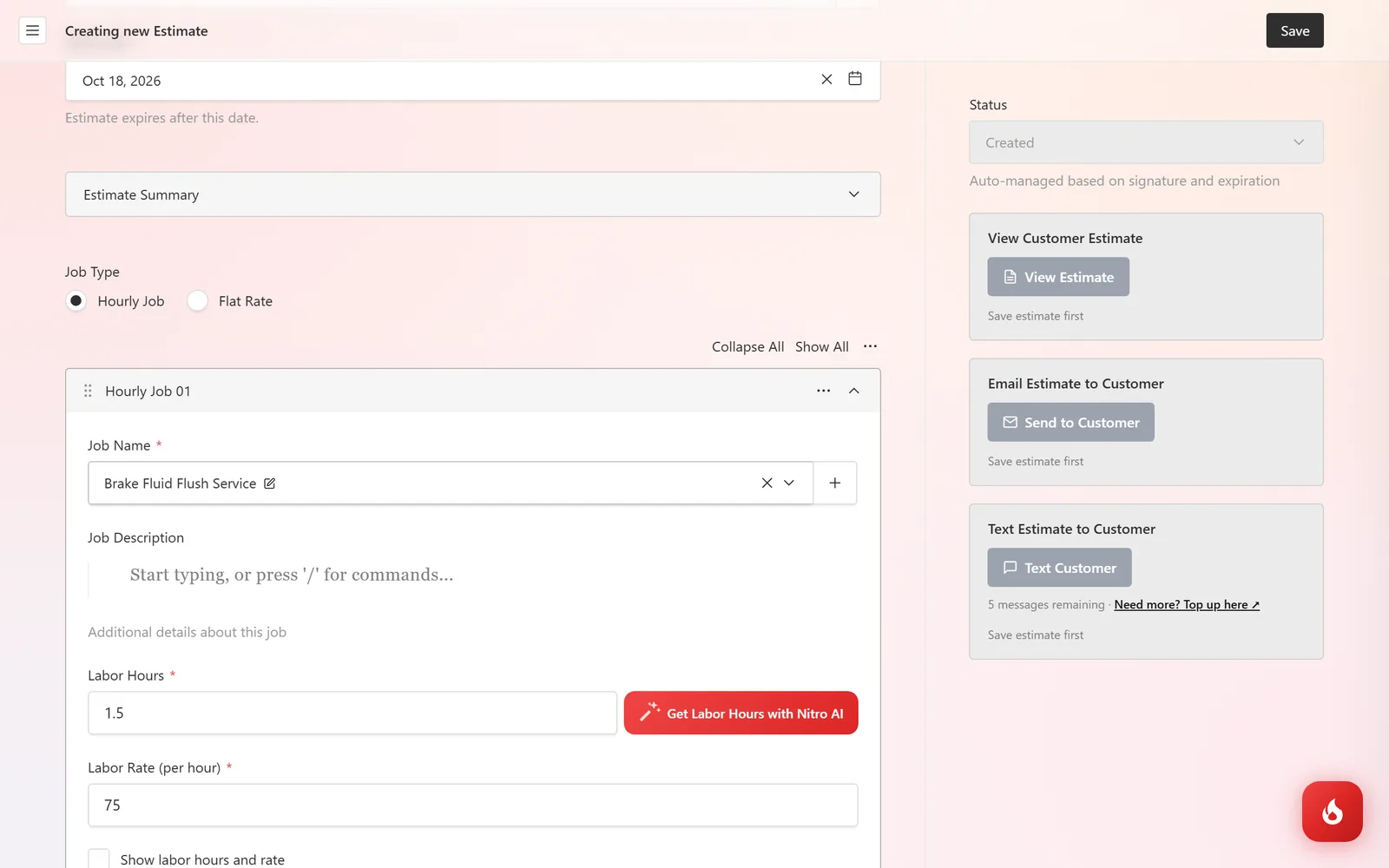 An hourly job on an estimate with the Get Labor Hours with Nitro AI button next to the Labor Hours field