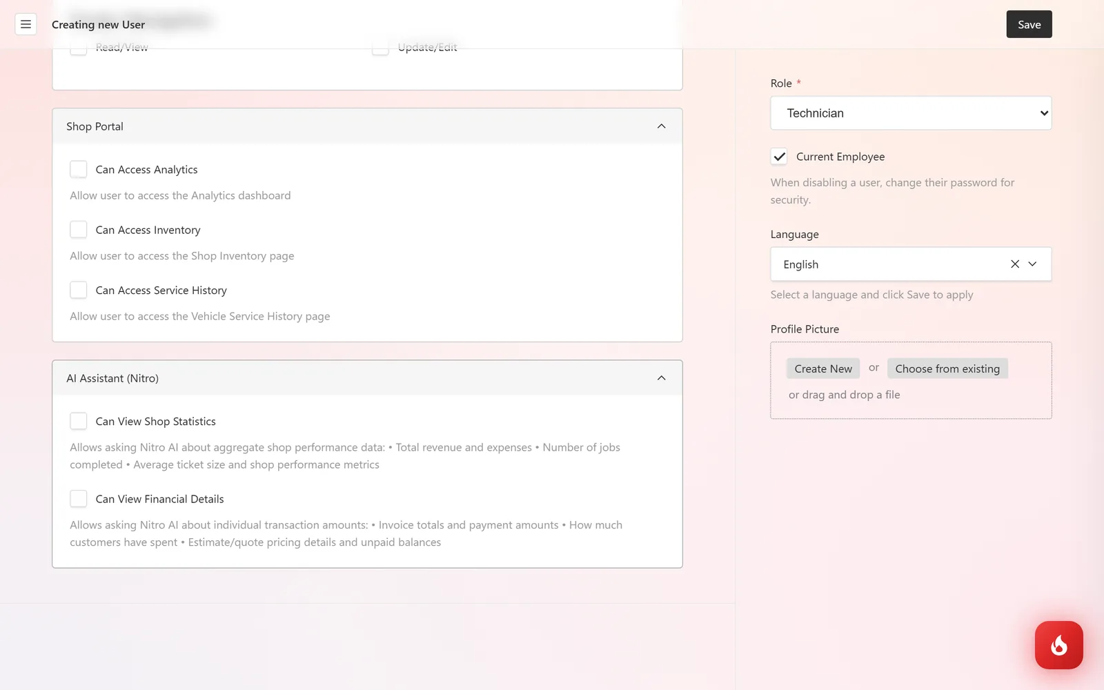 The AI Assistant (Nitro) section on a user with Can View Shop Statistics and Can View Financial Details checkboxes