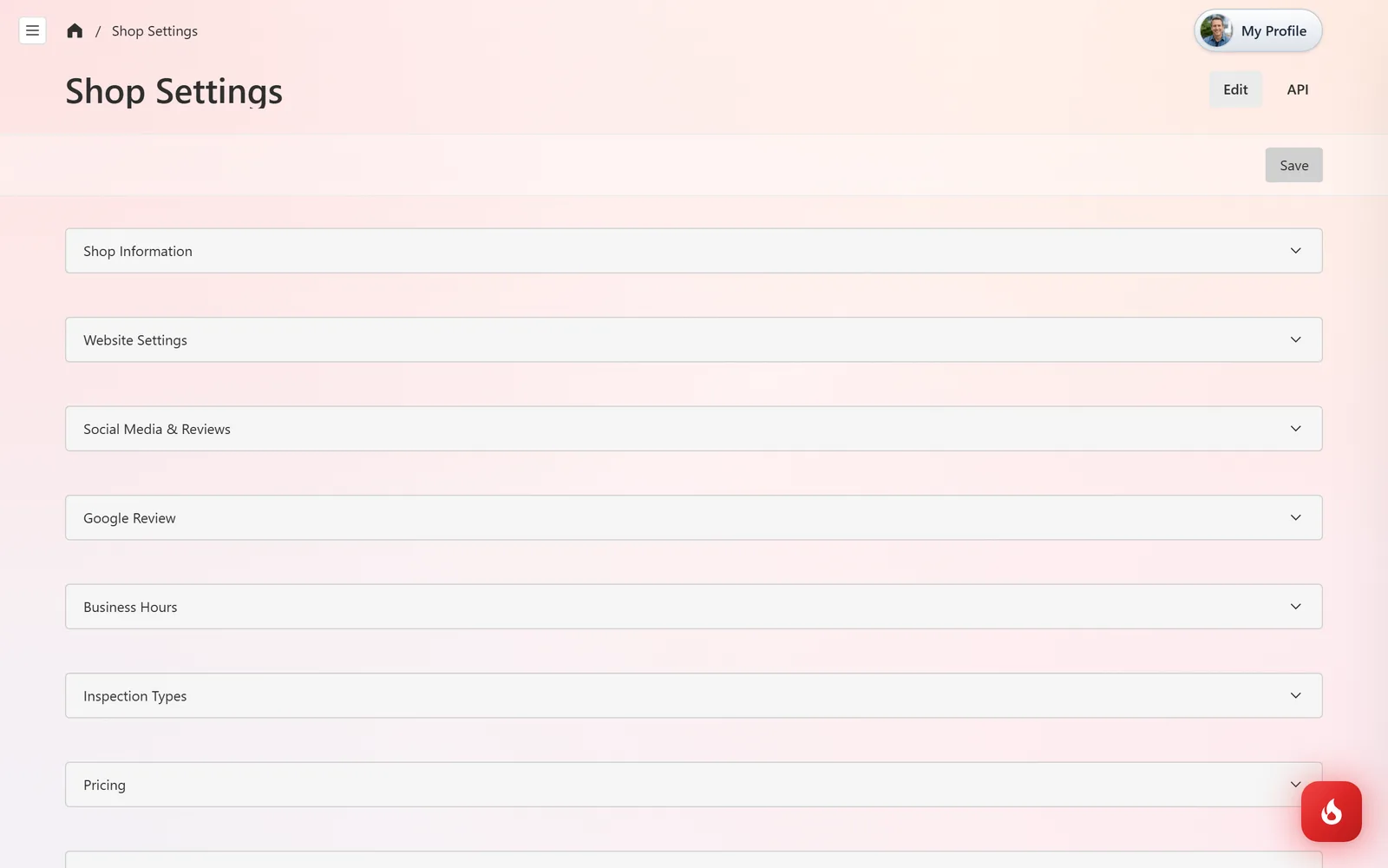The Shop Settings page with every section collapsed so all the section names are visible in one list