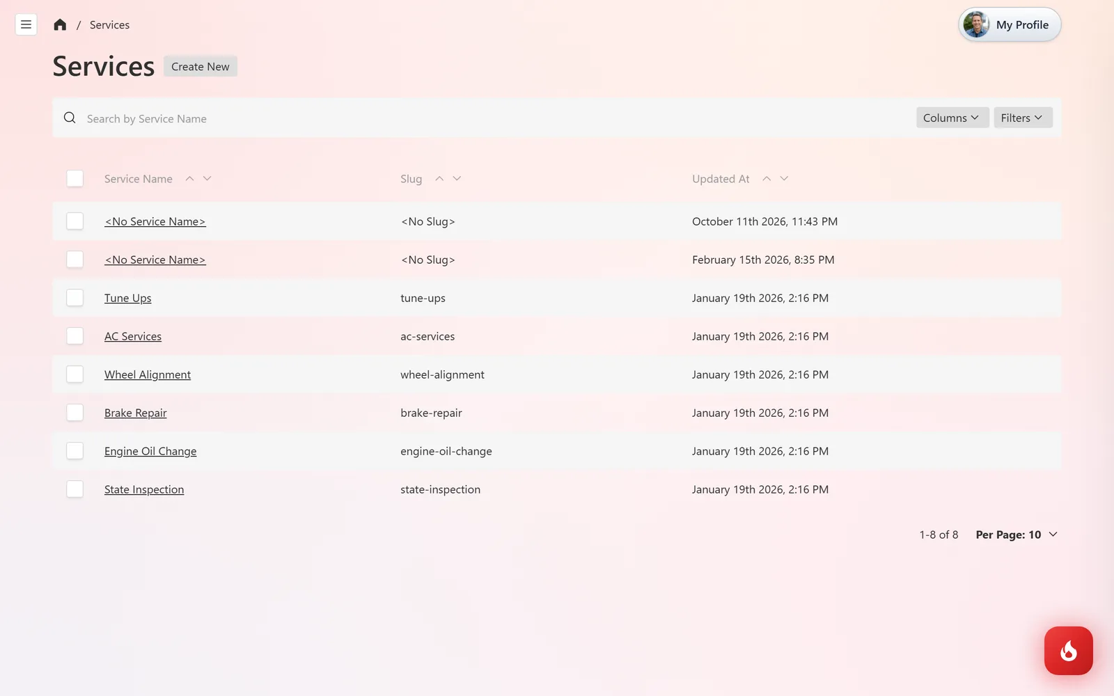 La lista Services en Website Content con las columnas Service Name, Slug y Updated At