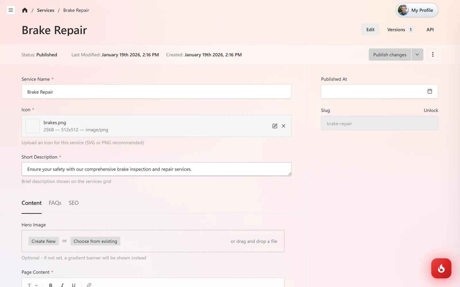 El editor del servicio Brake Repair con las pestañas Content, FAQs y SEO, los campos Service Name, Icon, Short Description, Hero Image y Page Content, y el botón Publish changes