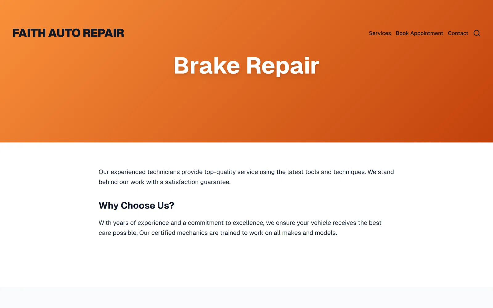 La página pública Brake Repair en el sitio del taller con su banner, descripción y el botón Book an Appointment