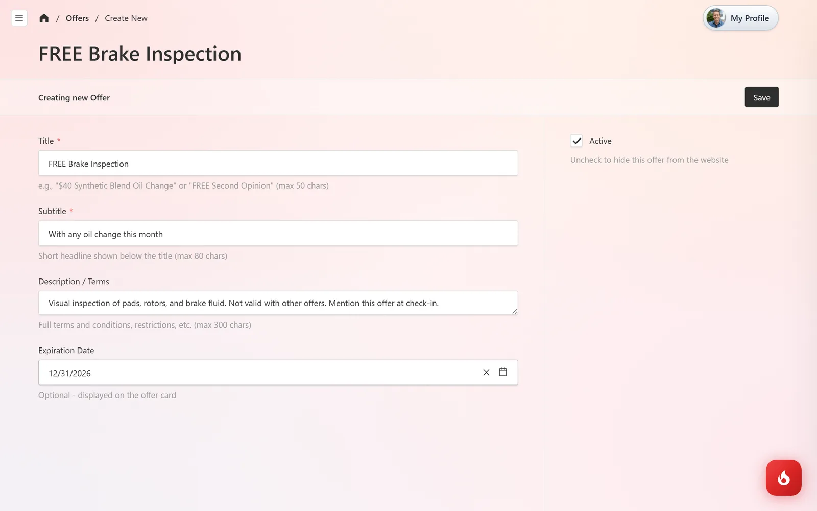 El formulario de oferta nueva con Title FREE Brake Inspection, un Subtitle, Description / Terms, una Expiration Date y la casilla Active