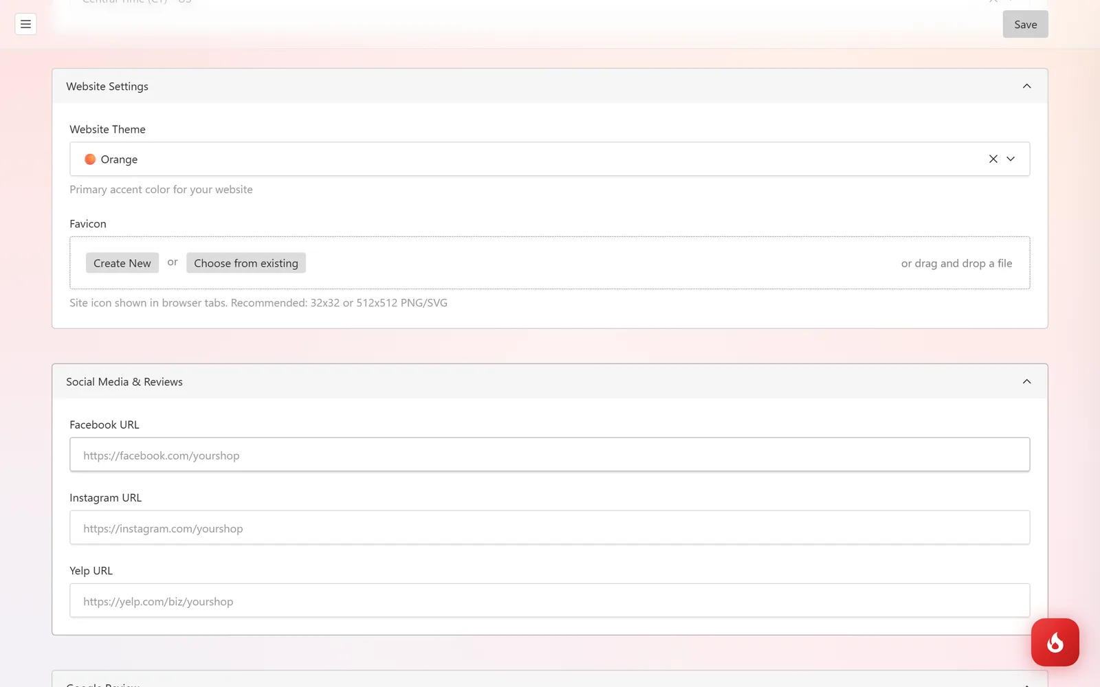 The Website Settings section of Shop Settings with the Website Theme color picker and a Favicon upload