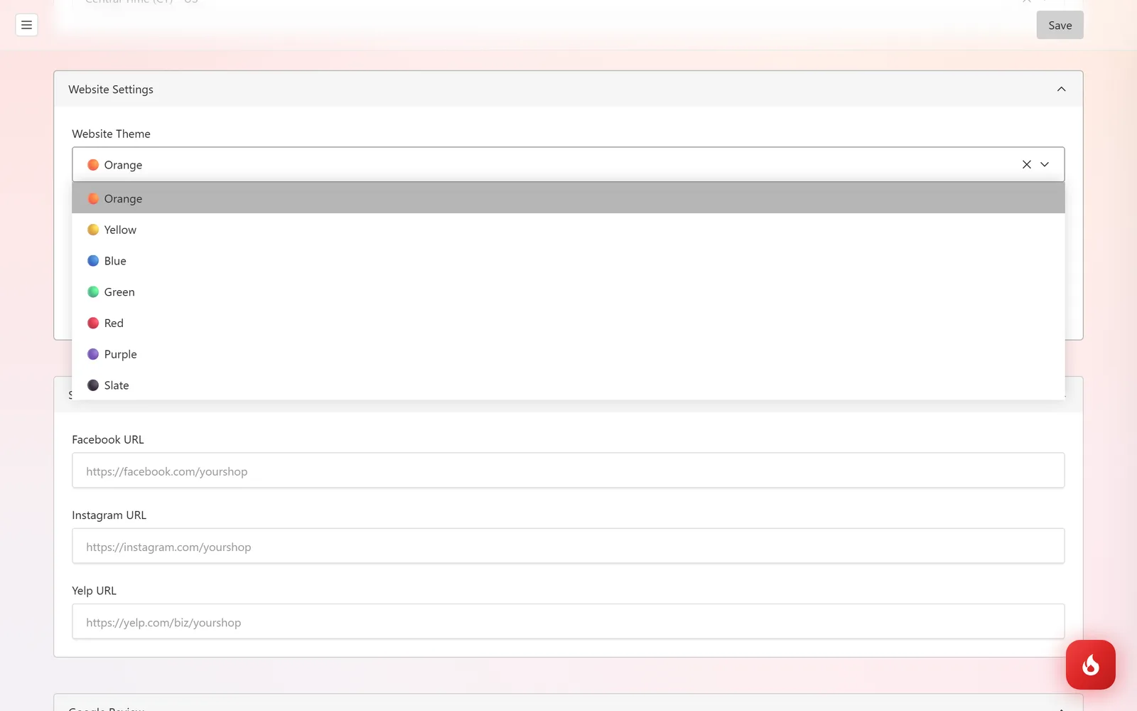 The Website Theme dropdown open with Orange, Yellow, Blue, Green, Red, Purple, and Slate