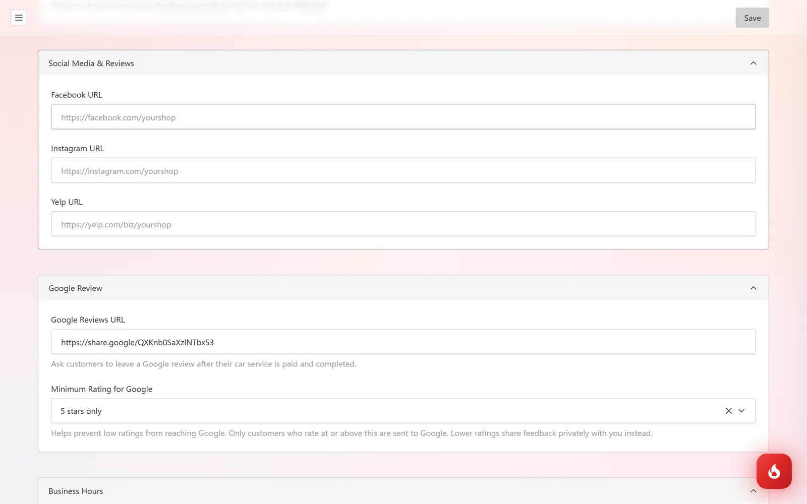 The Social Media & Reviews section with Facebook URL, Instagram URL, and Yelp URL fields, followed by the Google Review section