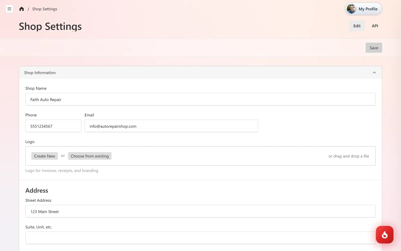 The Shop Information section with Shop Name, Phone, Email, a Logo upload box, and the Address, which feed the website header and footer