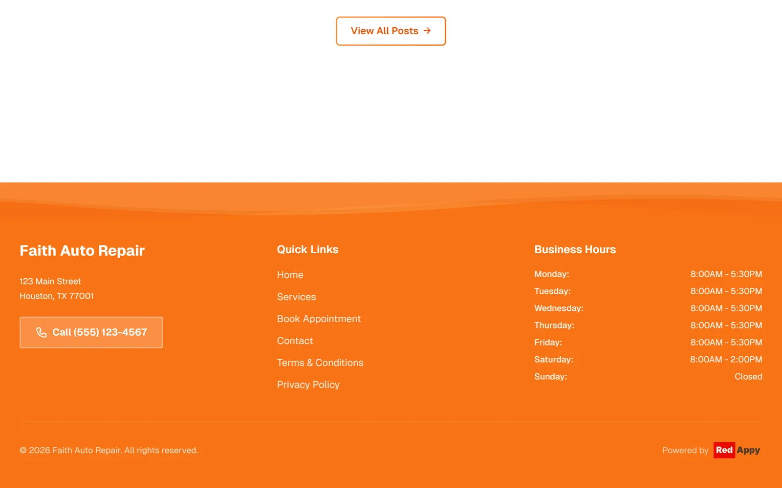 The footer of the public shop website showing the address, Call button, quick links, business hours, and a Powered by RedAppy line